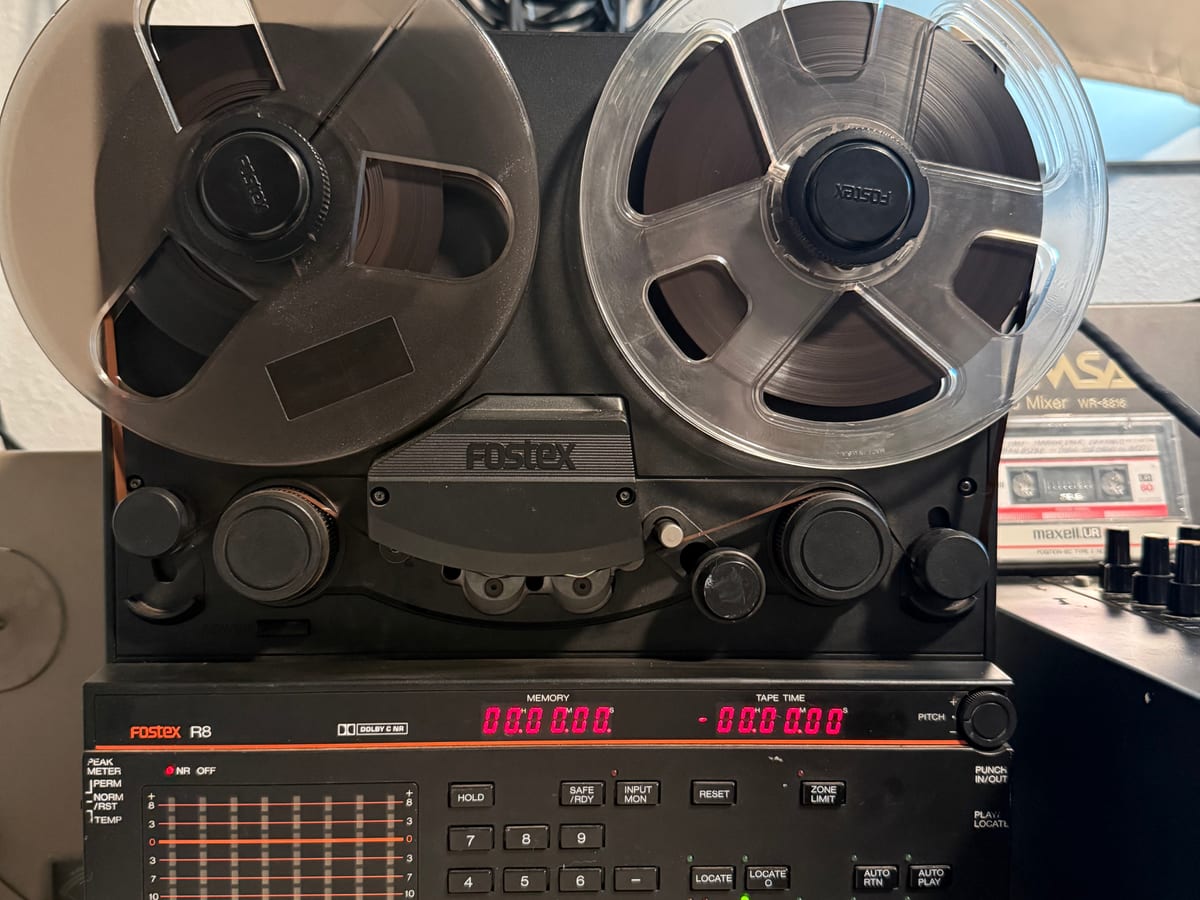Fostex R8 reel-to-reel tape recorder with reels threaded